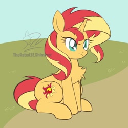 Size: 1920x1920 | Tagged: safe, artist:theratedrshimmer, sunset shimmer, pony, unicorn, g4, chest fluff, cute, female, horn, shimmerbetes, sitting, solo