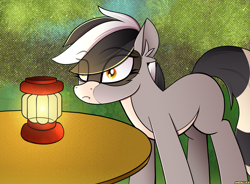 Size: 3303x2425 | Tagged: safe, artist:andaluce, oc, oc only, oc:bandy cyoot, hybrid, pony, raccoon, raccoon pony, behaving like a dog, female, lamp, mare, ponified animal photo, silly, silly pony, solo, thousand yard stare