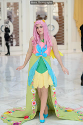 Size: 601x900 | Tagged: safe, artist:koi-ishly, photographer:yenra, fluttershy, human, g4, 2014, bare shoulders, clothes, cosplay, costume, dress, gala dress, irl, irl human, magfest, photo