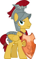 Size: 2557x4216 | Tagged: safe, artist:crisostomo-ibarra, flash magnus, pegasus, pony, g4, armor, armor skirt, helmet, male, netitus, shield, simple background, skirt, smiling, solo, stallion, transparent background