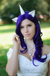 Size: 797x1200 | Tagged: safe, photographer:yenra, rarity, human, g4, 2012, blurry background, clothes, cosplay, cosplay in the park, costume, irl, irl human, jewelry, necklace, outdoors, pearl necklace, photo, solo