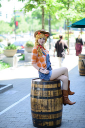 Size: 801x1200 | Tagged: safe, artist:chickadee cosplay, photographer:yenra, applejack, human, g4, 2016, animazement, animazement 2016, barrel, boots, clothes, cosplay, costume, cowboy boots, cowboy hat, hat, irl, irl human, photo, shoes