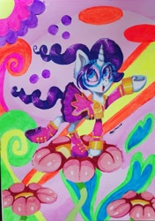 Size: 2525x3588 | Tagged: safe, artist:valemjj, rarity, pony, unicorn, equestria girls, friendship through the ages, g4, flower, horn, solo, traditional art