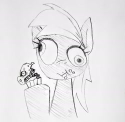 Size: 2345x2289 | Tagged: safe, artist:freakazoidthunk, derpy hooves, pegasus, g4, bust, chewing, eating, food, living food, muffin, pencil drawing, portrait, sketch, solo, traditional art, wall eyed