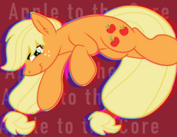 Size: 1348x1048 | Tagged: safe, artist:bluemoon, applejack, earth pony, pony, g4, hatless, jumping, missing accessory, smiling, smirk, solo, tied mane