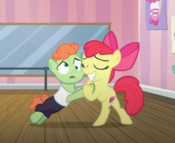 Size: 538x442 | Tagged: safe, screencap, apple bloom, shuffle step, earth pony, pony, g4, on your marks, bipedal, colt, cropped, dancing, duo, eyes closed, female, filly, foal, male, smiling