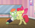 Size: 538x442 | Tagged: safe, screencap, apple bloom, shuffle step, earth pony, pony, g4, my little pony: friendship is magic, on your marks, season 6, bipedal, colt, cropped, dancing, dizzy, duo, eyes closed, female, filly, foal, male, smiling