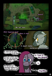 Size: 3238x4671 | Tagged: safe, artist:underwoodart, pinkie pie, oc, oc:z'ian, pony, zebra, ask pink-pony, g4, alternate universe, cauldron, comic, crying, detailed background, dialogue, everfree forest, glowing, glowing eyes, golden eyes, high res, pinkamena diane pie, ruins, vine, zebra oc, zecora's hut