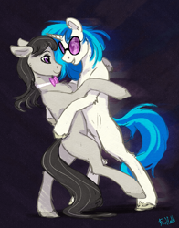 Size: 2591x3299 | Tagged: safe, artist:firehello, dj pon-3, octavia melody, vinyl scratch, earth pony, pony, unicorn, semi-anthro, g4, bangs, bipedal, colored eyebrows, colored hooves, colored pinnae, dancing, duo, duo female, eyebrows, eyebrows visible through hair, eyelashes, female, floppy ears, fluffy, glasses, grin, high res, hooves, horn, lesbian, looking at each other, looking at someone, mare, octavia's bowtie, profile, raised leg, shadow, ship:scratchtavia, shipping, signature, smiling, smiling at each other, space, stars, teeth, unshorn fetlocks, vinyl's glasses, windswept hair