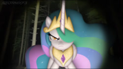 Size: 1170x661 | Tagged: safe, artist:stormxf3, princess celestia, alicorn, pony, g4, crown, female, frown, jewelry, looking at you, mare, night, regalia, solo