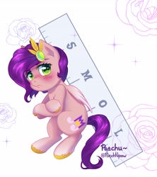 Size: 3641x4096 | Tagged: safe, artist:patchnpaw, pipp petals, pegasus, pony, g5, adorapipp, blushing, crossed hooves, cute, female, high res, mare, pipp is short, pipp is smol, ruler, smol, solo