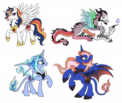Size: 2052x1744 | Tagged: safe, artist:whitefangkakashi300, oc, oc only, oc:prince cosmos, oc:prince jester, oc:prince sirius, oc:princess mercury, alicorn, bat pony, bat pony alicorn, draconequus, hybrid, pony, g4, alicorn oc, bat pony oc, bat wings, beard, brother and sister, cigarette, cigarette holder, colored, colored sclera, colored wings, concave belly, draconequus oc, ethereal mane, facial hair, female, flat colors, gradient wings, hoof shoes, horn, interspecies offspring, lidded eyes, lying down, male, mare, moustache, next generation, offspring, parent:discord, parent:oc:supernova, parent:princess cadance, parent:princess celestia, parent:princess luna, parent:shining armor, parents:canon x oc, parents:dislestia, parents:shiningcadance, peytral, princess shoes, prone, rearing, siblings, simple background, slender, smoking, spread wings, stallion, standing on two hooves, starry mane, thin, white background, wings, yellow sclera