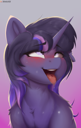 Size: 2215x3486 | Tagged: safe, artist:drawalaverr, oc, oc only, oc:aurora sparkle, pony, unicorn, ahegao, blushing, bust, commission, drool, drool string, female, gradient background, horn, looking up, mare, open mouth, portrait, silly, silly face, silly pony, simple background, solo, tongue out, unicorn oc, ych result