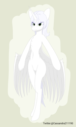 Size: 1500x2500 | Tagged: safe, artist:cassandra211190, oc, oc only, oc:κασσάνδρα, alicorn, pony, semi-anthro, alicorn oc, belly, belly button, bipedal, chest fluff, featureless crotch, female, horn, long legs, mare, ribs, simple background, slender, solo, thin, wings