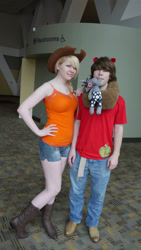 Size: 2592x4608 | Tagged: safe, applejack, big macintosh, smarty pants, human, bronycon, bronycon 2014, g4, clothes, cosplay, costume, cowboy hat, hand on hip, hat, irl, irl human, mouth hold, photo, trio