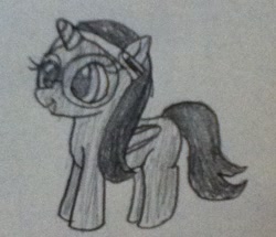 Size: 640x551 | Tagged: safe, artist:lunashy21, oc, oc only, oc:nyx, alicorn, pony, alicorn oc, disguise, disguised eyes, female, female oc, folded wings, glasses, hairband, headband, horn, mare oc, pencil drawing, pony oc, solo, traditional art, wings