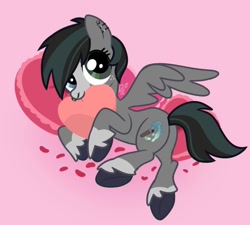 Size: 831x748 | Tagged: safe, artist:doodlesinky, oc, oc only, oc:inky doodles, pegasus, bed, blaze (coat marking), coat markings, comfy, ear piercing, facial markings, g4 style, heart, heart pillow, hearts and hooves day, heterochromia, holiday, leg fluff, looking at you, nom, nonbinary, nose piercing, petals, piercing, pillow, solo, unshorn fetlocks, valentine, valentine's day