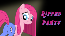 Size: 3840x2160 | Tagged: safe, artist:maresicmusic, pinkie pie, earth pony, pony, g4, black background, blue eyes, butt, clothes, female, looking back, mare, pants, pink coat, pink mane, pink tail, pinkamena diane pie, plot, ripped pants, sad, simple background, solo, tail, text, torn clothes, vector