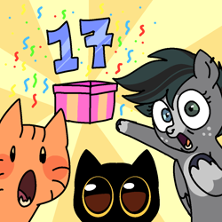 Size: 1080x1080 | Tagged: safe, artist:doodlesinky, oc, oc only, oc:inky doodles, cat, pegasus, pony, 17, birthday, confetti, ear piercing, freckles, heterochromia, nonbinary, pegasus oc, piercing, seventeen, shocked, trio