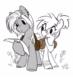 Size: 3170x3308 | Tagged: safe, artist:opalacorn, oc, oc only, oc:alnitak, oc:tranquil trails, earth pony, pony, bag, bandage, bandaid, bandaid on nose, black and white, duo, duo male and female, ear piercing, earring, female, freckles, grayscale, hoof hold, jewelry, male, map, monochrome, partial color, piercing, reading, saddle bag, simple background, white background