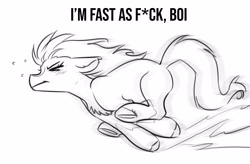 Size: 4096x2687 | Tagged: safe, artist:opalacorn, earth pony, pony, black and white, blurry, censored, censored vulgarity, chest fluff, commission, ears back, eyes closed, grayscale, meme, monochrome, ponified, running, sergeant reckless, simple background, solo, text, white background