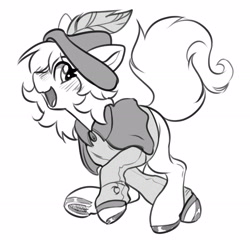 Size: 2749x2669 | Tagged: safe, artist:opalacorn, oc, oc only, earth pony, pony, black and white, blush lines, blushing, frog (hoof), grayscale, hat, horn, looking at you, monochrome, multiple horns, open mouth, open smile, running, simple background, smiling, smiling at you, solo, tricorn, underhoof, white background