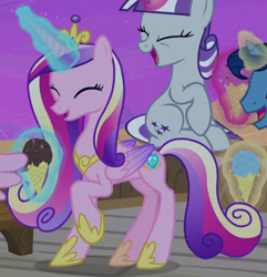 Size: 3000x3110 | Tagged: safe, screencap, night light, princess cadance, princess flurry heart, twilight velvet, alicorn, pony, unicorn, g4, once upon a zeppelin, airship, concave belly, cropped, cute, cutedance, daughter-in-law, eyes closed, father-in-law, female, folded wings, food, glowing, glowing horn, horn, husband and wife, ice cream, laughing, levitation, magic, magic aura, male, mare, mother-in-law, multicolored hair, multicolored mane, multicolored tail, open mouth, pink coat, raised hoof, sitting, slender, smiling, stallion, tail, telekinesis, thin, wings