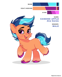 Size: 4000x5000 | Tagged: safe, artist:sushimeko, oc, oc only, oc:candied apple, earth pony, pony, g4, blank flank, blue mane, blue tail, blushing, cheek fluff, chest fluff, colored hooves, colt, foal, freckles, gradient legs, happy, hooves, male, open mouth, open smile, orange coat, purple eyes, purple hooves, raised hoof, raised leg, reference sheet, shadow, shiny eyes, shiny hooves, shiny mane, shiny tail, simple background, smiling, solo, standing on two hooves, tail, two toned mane, two toned tail, white background