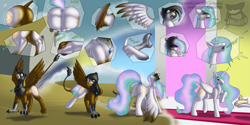 Size: 2715x1357 | Tagged: oc name needed, safe, artist:posexe, princess celestia, oc, alicorn, griffon, pony, g4, butt, character to character, crown, female, griffon oc, griffon to pony, jewelry, mare, necklace, plot, reality shift, regalia, transformation, transformation sequence