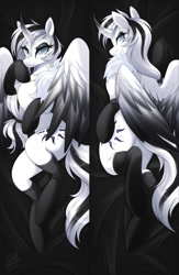 Size: 750x1151 | Tagged: safe, artist:scarlet-spectrum, oc, oc only, oc:queen nevermore, alicorn, pony, g4, antagonist, beautiful, body pillow, body pillow design, colored wings, commission, curved horn, cute, dakimakura cover, dark background, detailed, detailed hair, evil, evil smile, eyeshadow, facing away, female, folded wings, full body, goth, gothic, helmet, horn, jewelry, looking at you, lying down, makeup, mare, mare oc, necklace, oc villain, queen, raised hoof, regalia, seductive look, shading, signature, smiling, solo, tall, two toned mane, two toned wings, villainous, wings