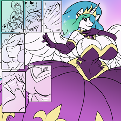 Size: 1000x1000 | Tagged: safe, artist:akuoreo, princess celestia, alicorn, human, original species, plush pony, anthro, g4, anthro plushie, big breasts, breasts, clothes, dress, evening gloves, female, gloves, gown, human to anthro, inanimate tf, long gloves, plushie, solo, transformation