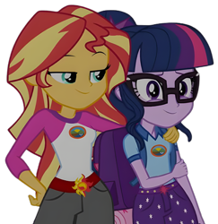 Size: 6396x6591 | Tagged: safe, edit, edited screencap, screencap, sci-twi, sunset shimmer, twilight sparkle, human, equestria girls, g4, my little pony equestria girls: legend of everfree, background removed, backpack, belt, belt buckle, camp everfree logo, camp everfree outfits, clothes, cute, duo, duo female, female, glasses, hand on hip, hug, lesbian, not a vector, ship:sunsetsparkle, shipping, shipping fuel, shirt, shorts, simple background, teenager, transparent background