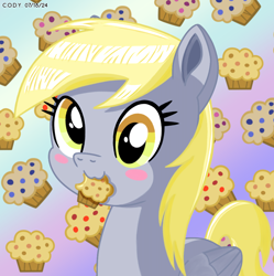 Size: 1980x1986 | Tagged: safe, artist:codenamekid, derpy hooves, pegasus, pony, g4, :3, background pony, blush sticker, blushing, cute, derp, derpabetes, female, food, gradient background, highlights, it's muffin time, mare, muffin, nibbling, shading, solo, that pony sure does love muffins