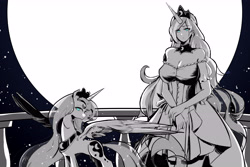 Size: 5400x3600 | Tagged: safe, artist:jww#, kotobukiya, princess luna, alicorn, human, pony, g4, breasts, busty princess luna, human ponidox, humanized, kotobukiya princess luna, monochrome, moon, self paradox, self ponidox, solo