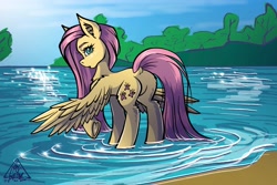 Size: 3000x2000 | Tagged: safe, artist:gigisarts, fluttershy, butterfly, pegasus, pony, g4, beach, blue eyes, butt, dock, female, forest, fur, hooves, lake, looking at you, mare, nature, pink mane, plot, sky, solo, tail, tree, water