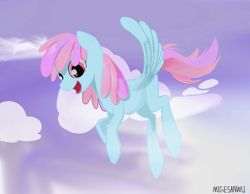 Size: 1308x1016 | Tagged: safe, artist:migesanwu, oc, oc only, pegasus, pony, cloud, female, flying, happy, laughing, open mouth, raised hoof, raised leg, shadow, side view, signature, sky, solo, spread wings, two toned mane, wings