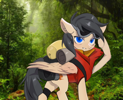 Size: 2853x2311 | Tagged: safe, artist:sk, oc, oc only, oc:steve, pegasus, pony, explorer, forest, hiking, nature, real life background, sleeping bag, solo, tree