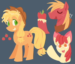 Size: 2048x1752 | Tagged: safe, artist:startrixfan, apple bloom, applejack, big macintosh, earth pony, pony, g4, apple, apple siblings, apple sisters, applejack's hat, big macintosh's yoke, bow, brother and sister, bucktooth, colored eyelashes, colored hooves, colored pupils, cowboy hat, eyes closed, female, filly, foal, food, freckles, gray background, green eyelashes, green eyes, green pupils, hair bow, hat, hoof hold, hooves, horse collar, lineless, looking back, male, mare, open mouth, open smile, orange eyelashes, orange eyes, orange pupils, ponytail, red eyelashes, siblings, signature, simple background, sisters, smiling, stallion, stetson, tied mane, trio, unshorn fetlocks, waving, waving at you, yellow hooves, yoke