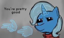 Size: 650x391 | Tagged: safe, artist:cosmicwaves35, derpibooru exclusive, trixie, pony, unicorn, g4, catchphrase, clothes, glowing, glowing horn, hand, horn, magic, metal gear, projection, revolver ocelot, scarf, solo