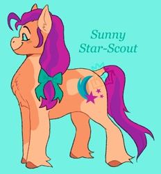 Size: 1520x1640 | Tagged: safe, artist:__rat__king__, sunny starscout, earth pony, pony, g5, alternate design, blue background, blue eyes, blush lines, blushing, bow, brown hooves, chest fluff, colored ears, colored hooves, colored sclera, ear fluff, female, fetlock tuft, hair bow, hooves, leonine tail, mare, orange coat, ponytail, profile, purple mane, purple tail, simple background, smiling, solo, splotches, tail, teal background, tied mane, two toned coat, two toned mane, two toned tail, unshorn fetlocks, watermark