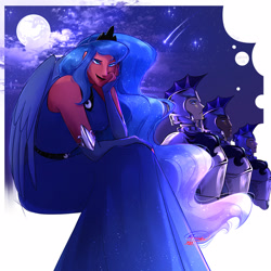 Size: 1600x1600 | Tagged: safe, artist:btanimator, princess luna, human, g4, armor, clothes, crown, dark skin, dress, ethereal mane, eyebrows, eyeshadow, gloves, humanized, jewelry, long gloves, looking at you, makeup, moon, night guard, night guard armor, raised eyebrow, regalia, sitting, winged humanization, wings