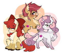 Size: 1292x1104 | Tagged: safe, artist:hunny009, apple bloom, scootaloo, sweetie belle, earth pony, pegasus, pony, unicorn, g4, adorabloom, alternate design, alternate eye color, alternate hairstyle, alternate mane color, alternate tail color, alternate tailstyle, apple bloom's bow, bald face, beauty mark, black hooves, blaze (coat marking), blushing, bow, butt fluff, chest fluff, coat markings, colored belly, colored chest fluff, colored ear fluff, colored eyebrows, colored hooves, colored horn, colored muzzle, colored wings, concave belly, cream belly, curved horn, cute, cutealoo, cutie mark crusaders, diasweetes, ear blush, ear fluff, ear piercing, earring, eye clipping through hair, eyebrows, eyebrows visible through hair, eyelashes, eyeshadow, facial markings, female, filly, fluffy, flying, foal, freckles, gradient coat, gradient horn, gradient legs, gradient tail, green eyes, hair accessory, hair bow, hock fluff, hooves, horn, jewelry, leg fluff, leonine tail, lidded eyes, long eyelashes, long mane, long tail, looking at someone, looking at you, looking back, makeup, mane accessory, mealy mouth (coat marking), narrowed eyes, necklace, open mouth, open smile, orange coat, orange eyes, pale belly, pale muzzle, pearl earrings, pearl necklace, physique difference, piercing, pink eyeshadow, pink hooves, profile, raised hoof, rearing, red bow, red eyes, red mane, red tail, redesign, scootaloo can fly, simple background, slender, smiling, smiling at someone, smiling at you, socks (coat markings), sparkles, spread wings, tail, thin, thin legs, trio, trio female, two toned horn, two toned mane, two toned tail, two toned wings, unshorn fetlocks, wall of tags, white background, white coat, wings, yellow coat