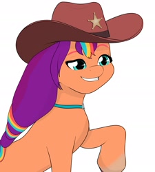 Size: 2124x2362 | Tagged: safe, artist:cyanrobo, sunny starscout, earth pony, g5, cowboy hat, hat, mane stripe sunny, sheriff, sheriff sunny, sheriff's badge, simple background, solo, white background