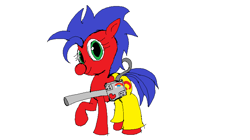 Size: 819x460 | Tagged: safe, anonymous artist, oc, oc only, oc:red circle, earth pony, pony, gun, machine, machine gun, photo, rainbows, simple background, solo, sticker, weapon, white background