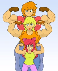 Size: 2652x3228 | Tagged: safe, artist:cyanrobo, apple bloom, applejack, big macintosh, human, g4, apple bloom's bow, apple siblings, apple sisters, bow, breasts, brother and sister, busty applejack, clothes, female, flexing, gloves, gradient background, hair bow, humanized, leather, leather gloves, male, muscles, muscular female, muscular male, siblings, sisters, smiling, tongue out, trio