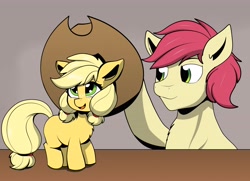 Size: 4096x2970 | Tagged: safe, artist:cyanrobo, applejack, bright mac, earth pony, pony, g4, chest fluff, cowboy hat, cute, duo, duo male and female, father and child, father and daughter, female, filly, filly applejack, freckles, hairband, happy, hat, jackabetes, male, open mouth, open smile, pigtails, smiling, tail, tail band, twintails, younger