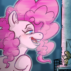 Size: 360x360 | Tagged: dead source, safe, artist:elerq, pinkie pie, oc, oc:quincy, earth pony, human, pony, g4, blade runner 2049, blushing, clothes, female, hand in pocket, hologram, human male, lidded eyes, male, mare, meme, open mouth, open smile, raised hoof, smiling, you look lonely