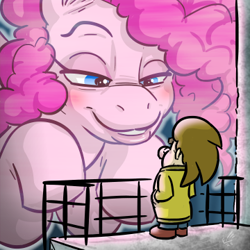 Size: 360x360 | Tagged: dead source, safe, artist:elerq, pinkie pie, oc, oc:quincy, earth pony, human, pony, g4, blade runner 2049, blushing, clothes, female, hand in pocket, hologram, human male, jacket, lidded eyes, looking at each other, looking at someone, male, mare, meme, pants, shoes, size difference, smiling, smirk, you look lonely