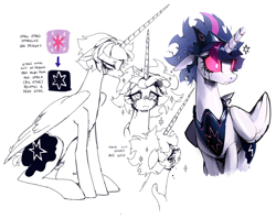 Size: 2048x1630 | Tagged: safe, artist:lexivine, twilight sparkle, alicorn, pony, g4, alternate cutie mark, alternate universe, character design, crown, crying, description in comments, folded wings, horn, immortality blues, jewelry, lineart, long horn, magenta sclera, older, older twilight, older twilight sparkle (alicorn), peytral, pink eyes, princess twilight 2.0, reference sheet, regalia, sad, shading, short hair twilight sparkle, short mane, short tail, simple background, sitting, solo, sparkly mane, tail, twilight sparkle (alicorn), white background, white pupils, wings