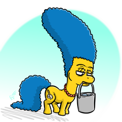 Size: 720x720 | Tagged: safe, artist:elerq, earth pony, pony, beehive hairdo, bucket, female, jewelry, lidded eyes, mare, marge simpson, mouth hold, necklace, ponified, rule 85, solo, tail, the simpsons